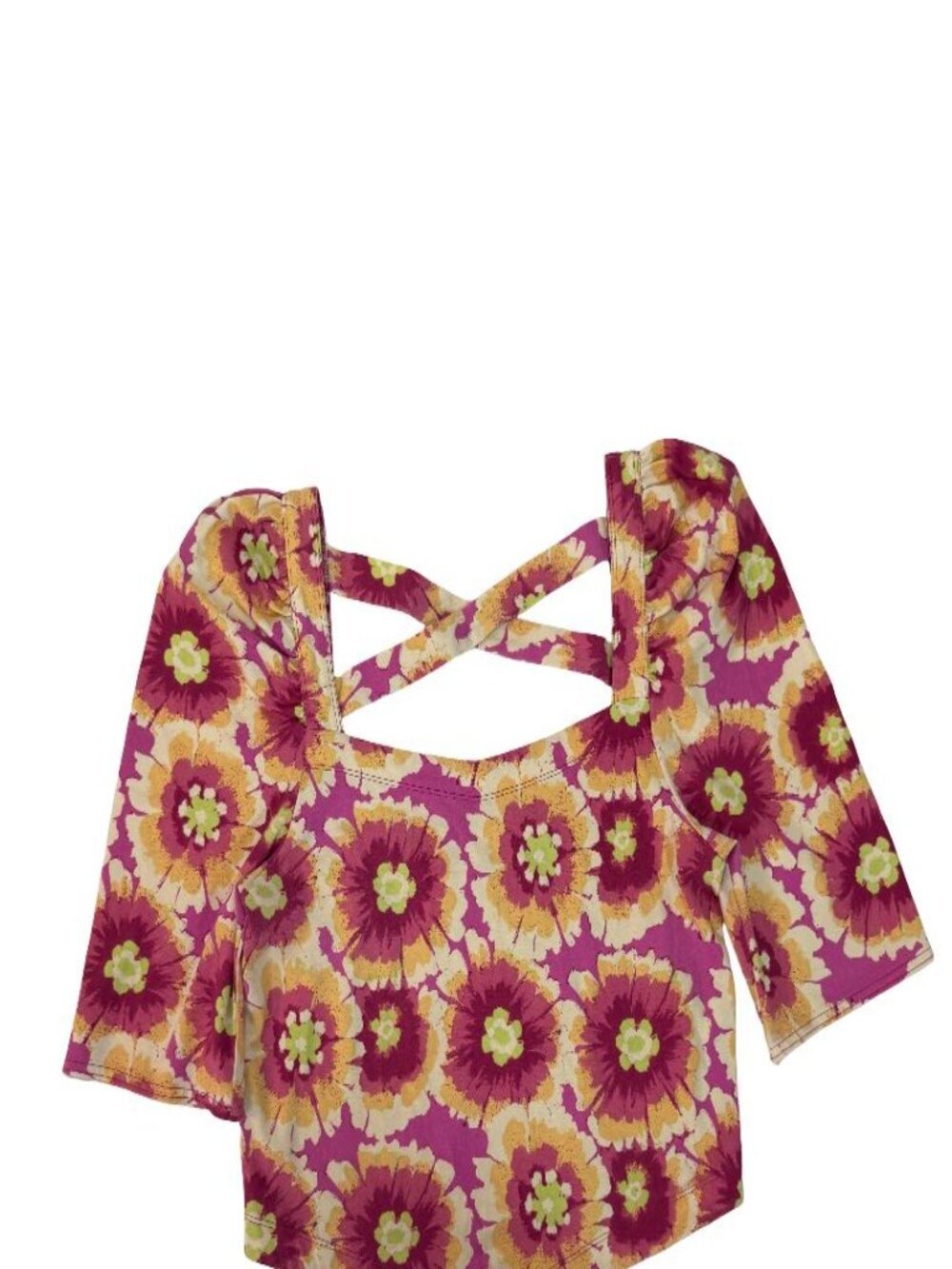 Free People Floral Long Sleeve Top L/G Pink Yellow Cotton Blend Boho EUC.